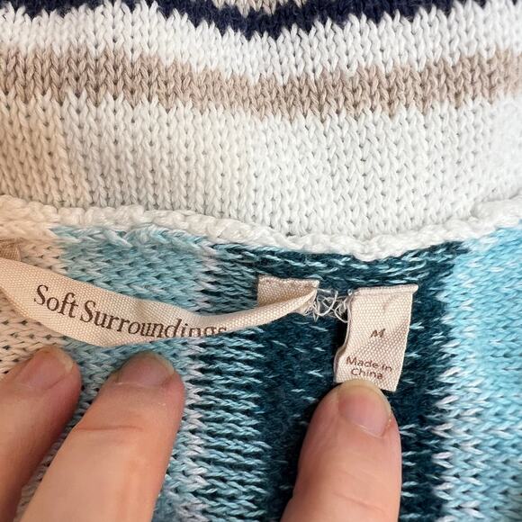 Soft Surroundings Bimini Knit Hoodie Sweater Medium Blue Striped Cotton Pullover - Picture 6 of 9